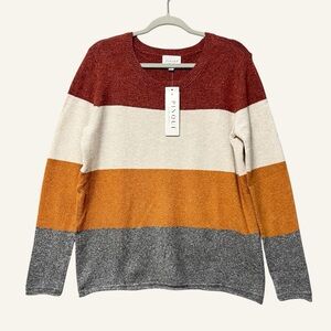 Pinque Pullover Wide Stripe Sweater NWT Size XL Rust Cream Gold Gray Roll Hem